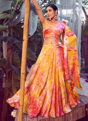 Orange Red Digital Printed Silk Lehenga Choli