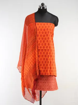 Orange Rust Black Bagh Hand Block Printed Cotton Suit-Salwar Fabric With Chiffon Dupatta (Set of 3) - SU01HB405