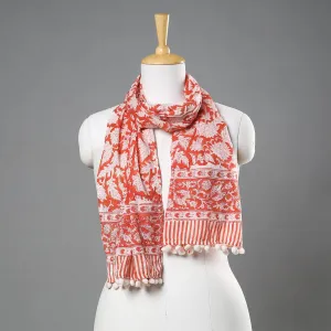 Orange - Sanganeri Block Printed Cotton Stole With Pom Pom