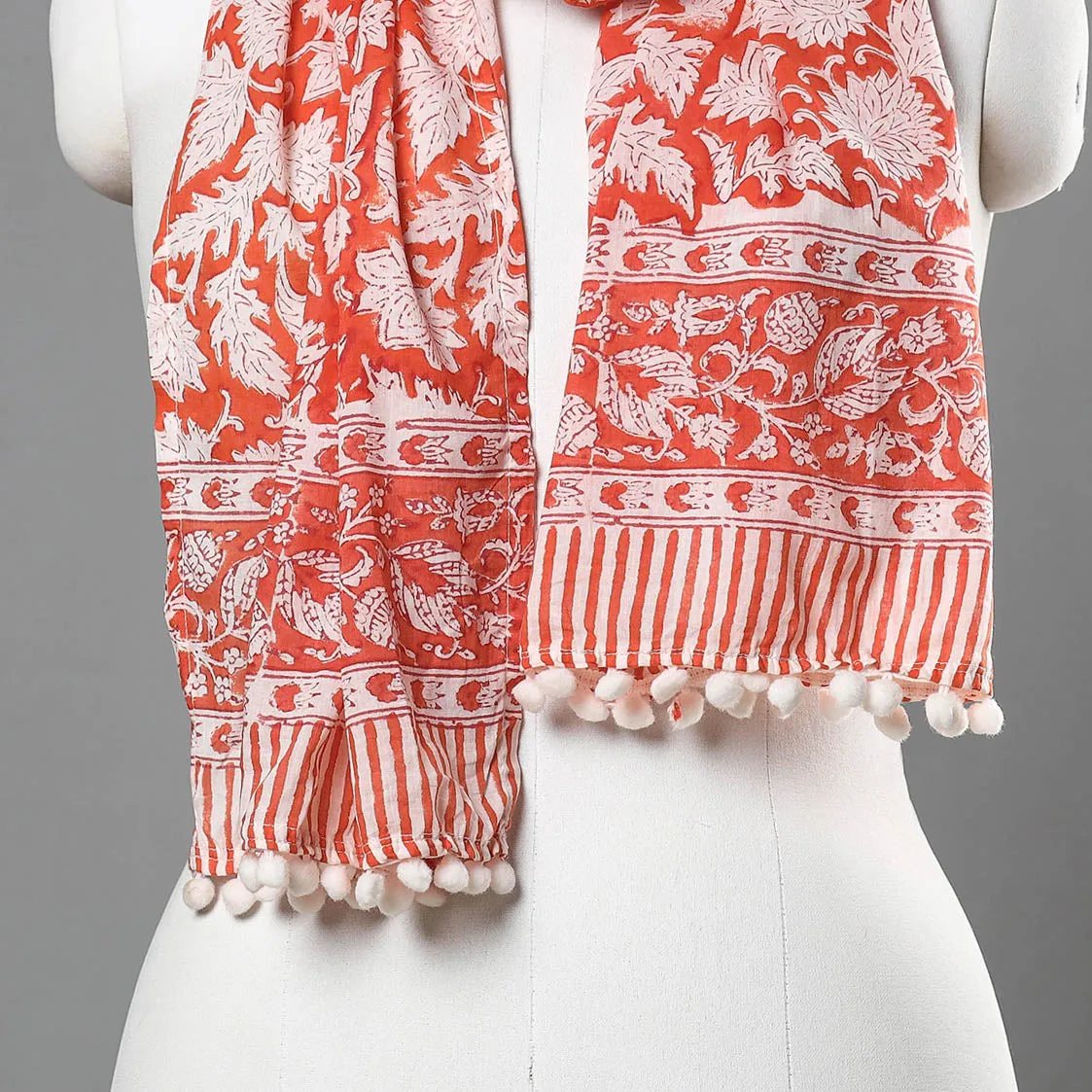 Orange - Sanganeri Block Printed Cotton Stole With Pom Pom