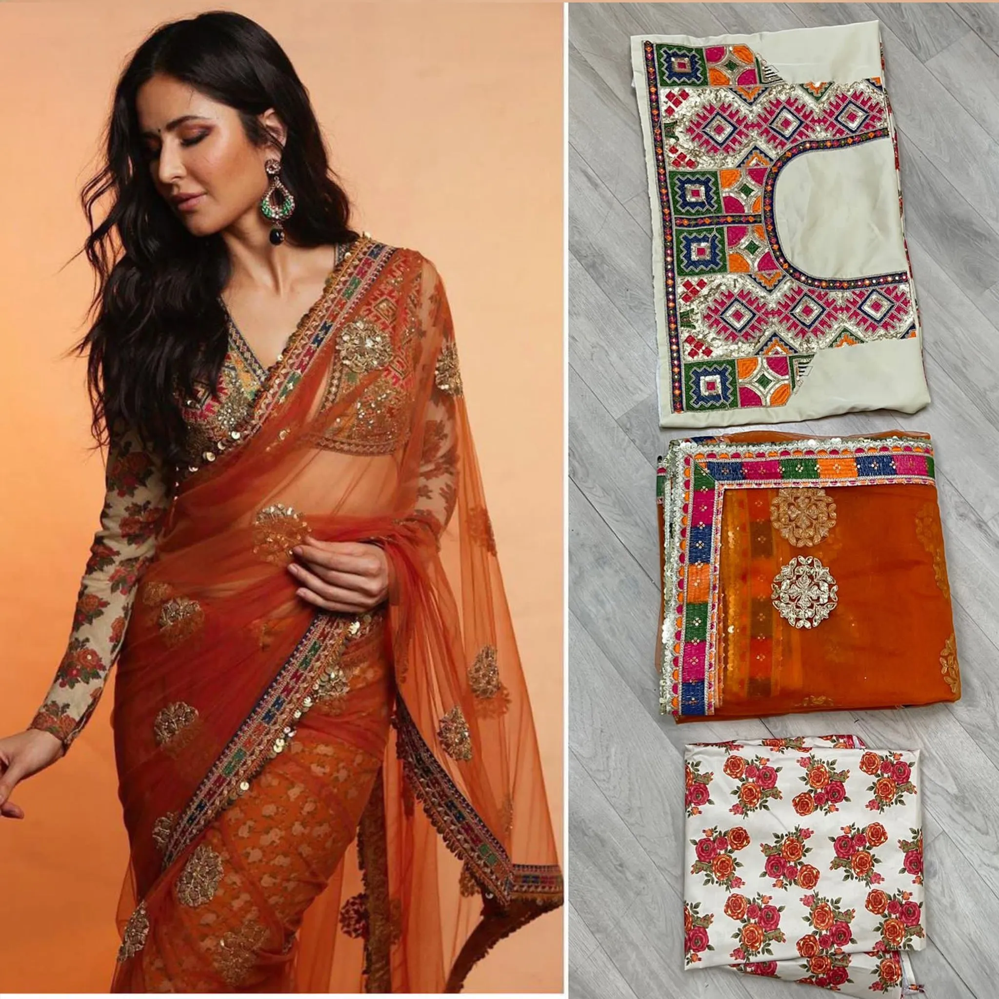 Orange Saree in Net with Sequence Work with Printed Petticoat