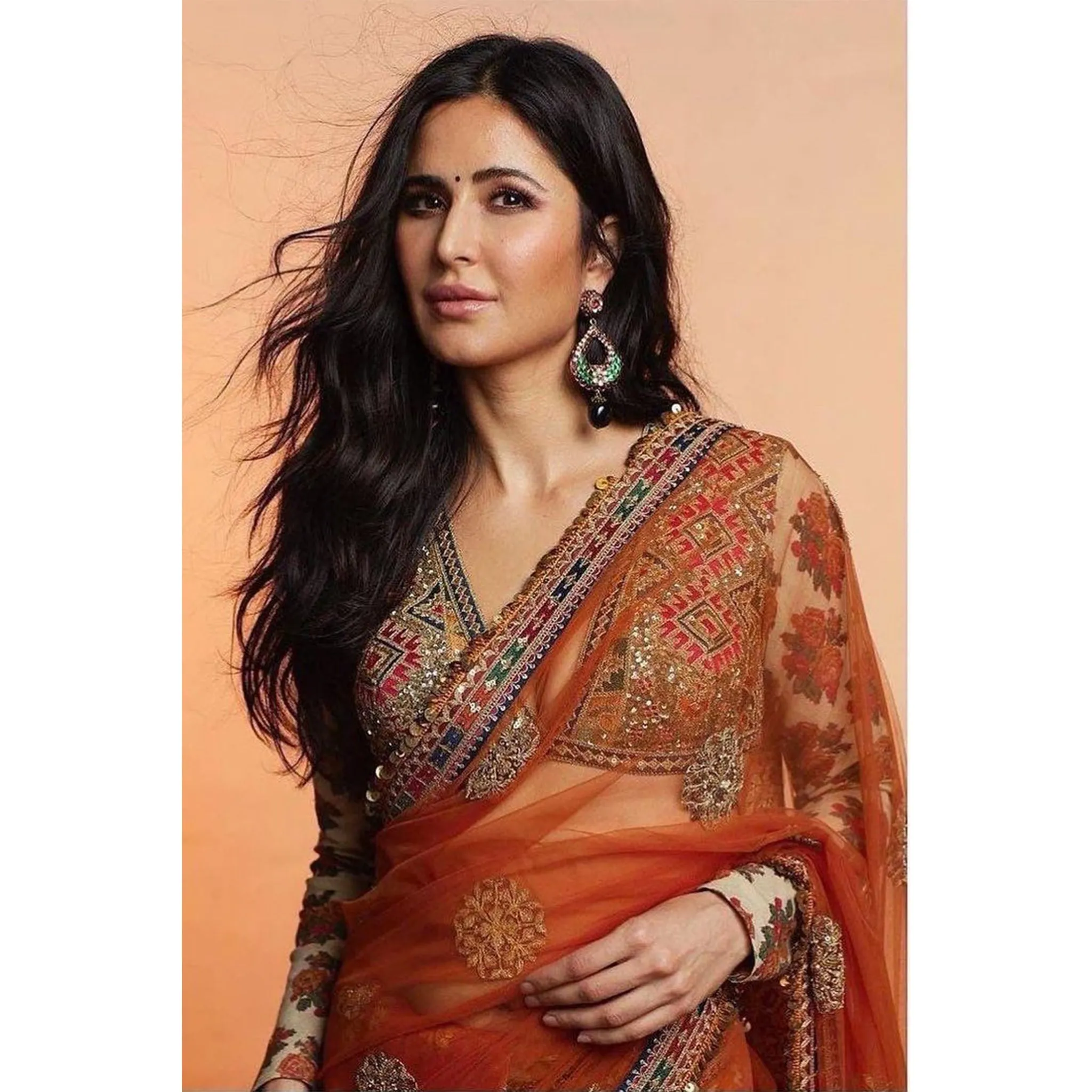 Orange Saree in Net with Sequence Work with Printed Petticoat