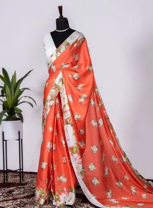 Orange Satin Silk Printed Saree