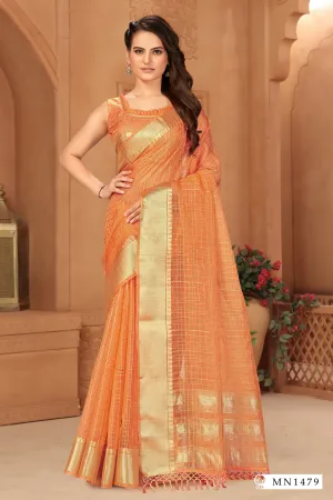 Orange Silk Checks Saree With Orange Blouse