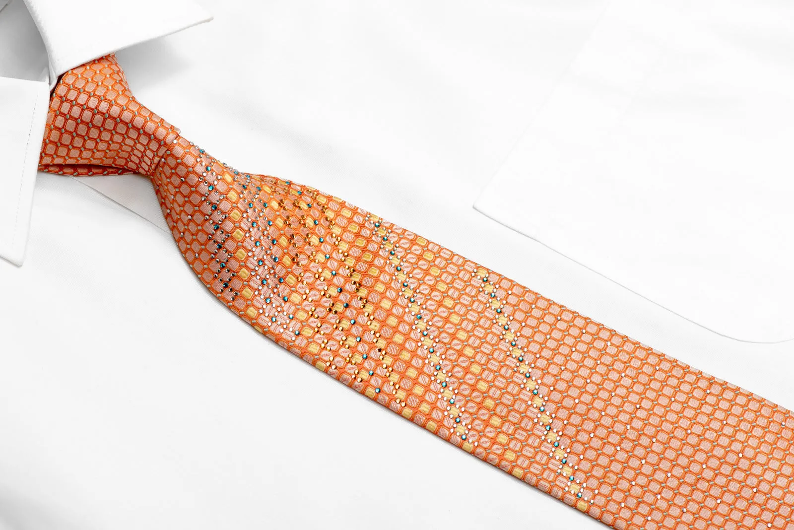 Orange Silver Geometric Rhinestone Silk Necktie With Silver Sparkles