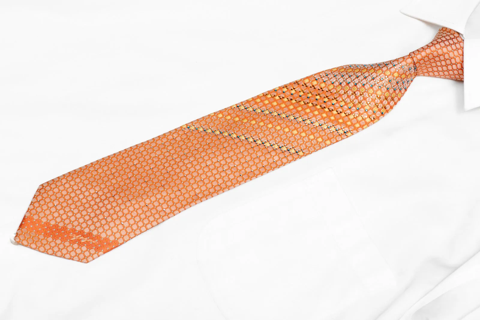 Orange Silver Geometric Rhinestone Silk Necktie With Silver Sparkles