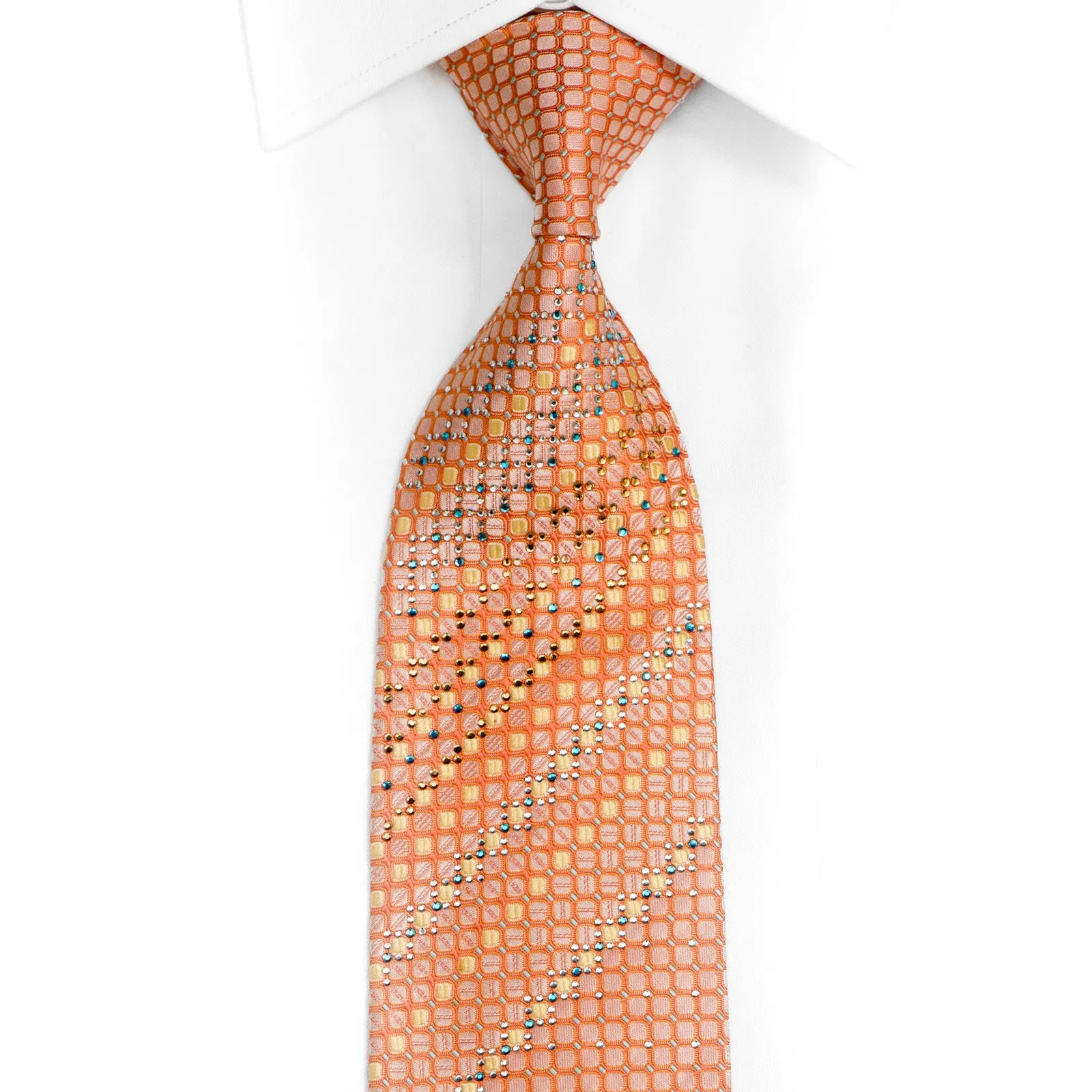 Orange Silver Geometric Rhinestone Silk Necktie With Silver Sparkles