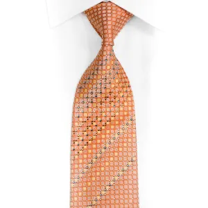 Orange Silver Geometric Rhinestone Silk Necktie With Silver Sparkles