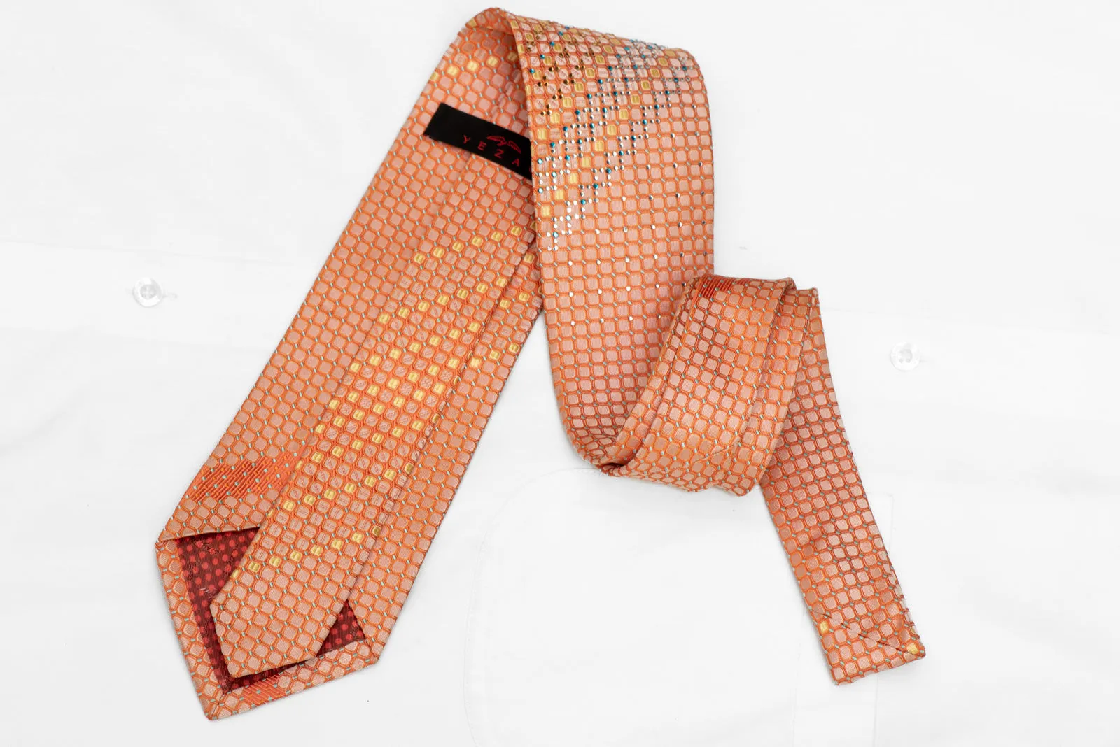 Orange Silver Geometric Rhinestone Silk Necktie With Silver Sparkles