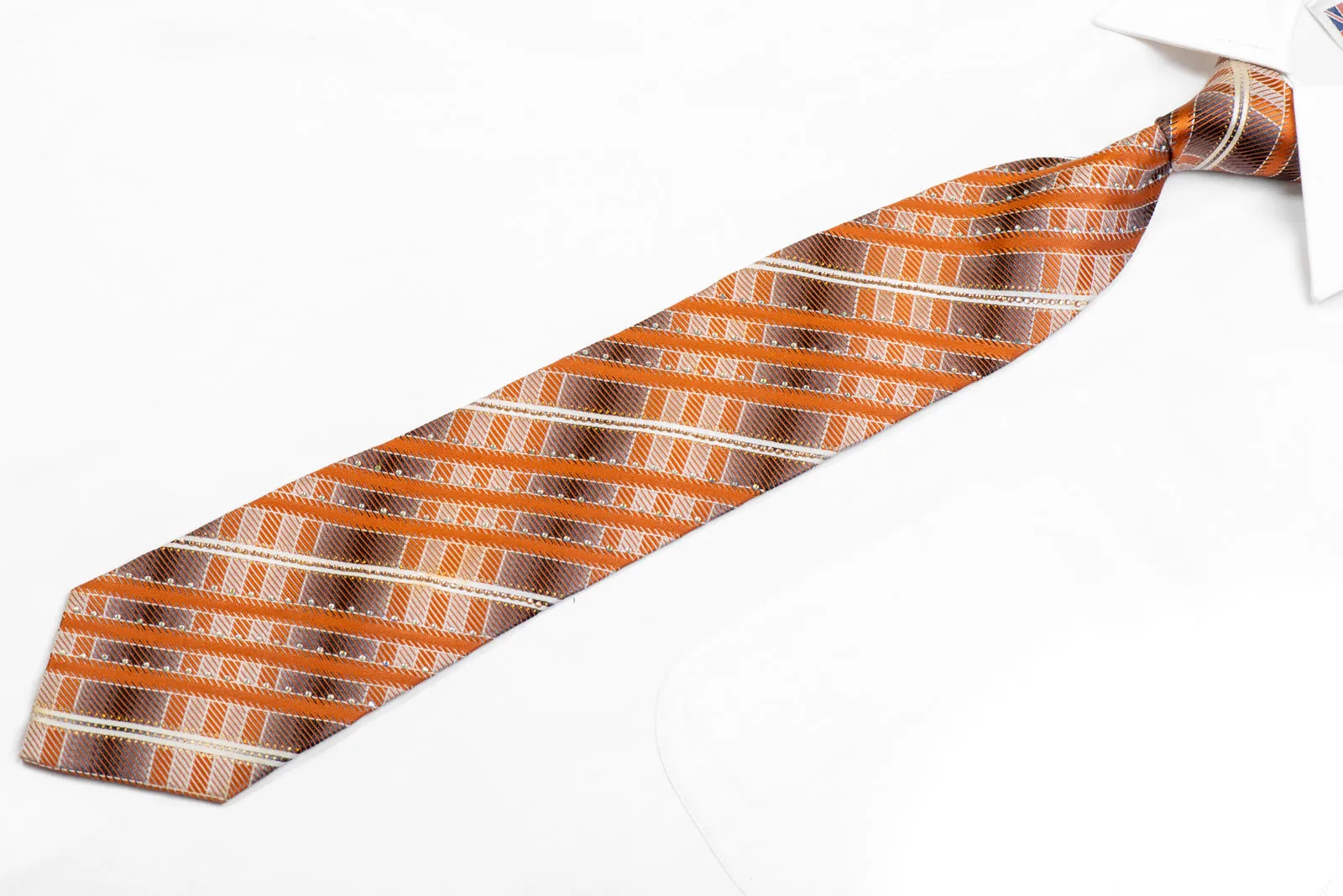 Orange Silver Striped Rhinestone Tie With Silver Sparkles