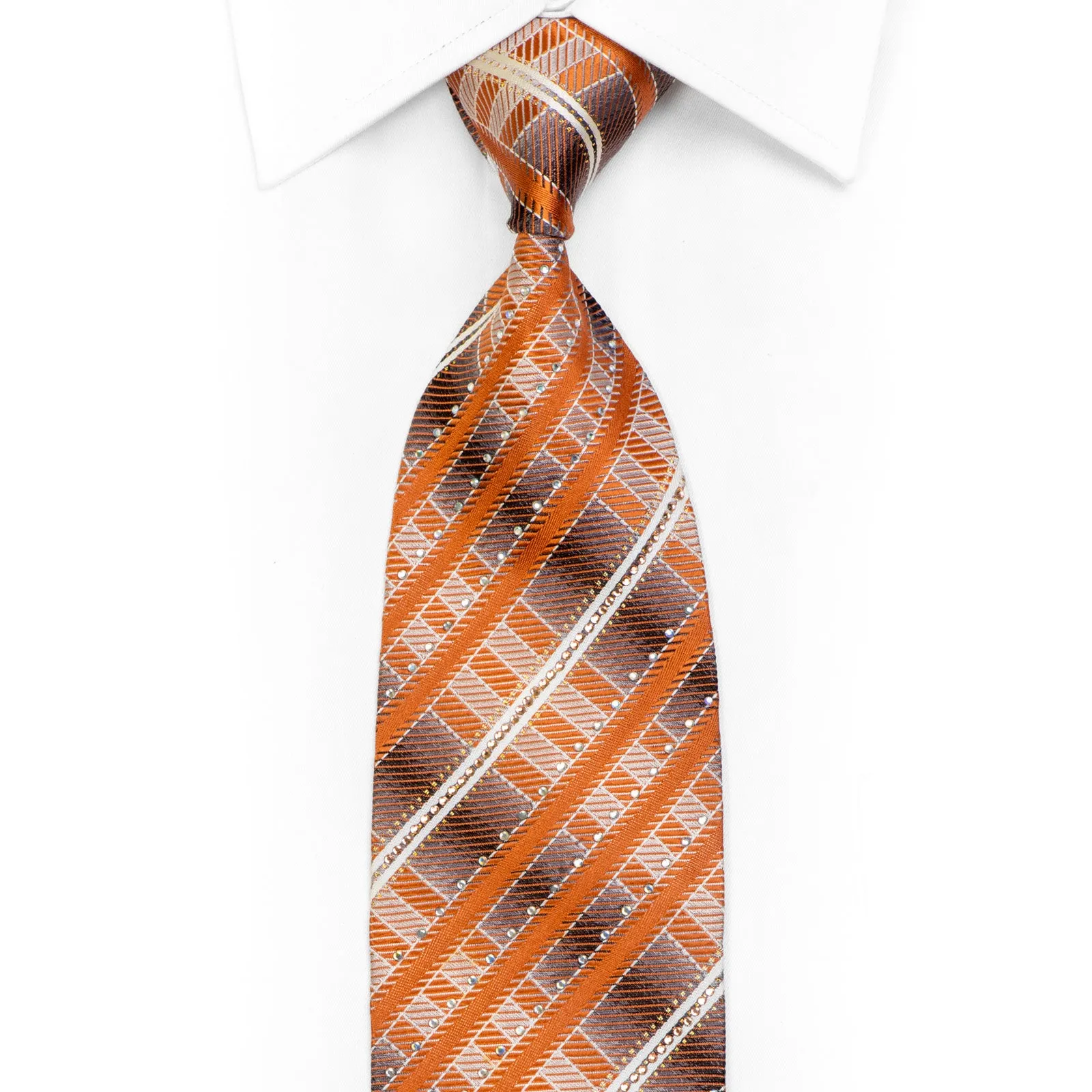 Orange Silver Striped Rhinestone Tie With Silver Sparkles