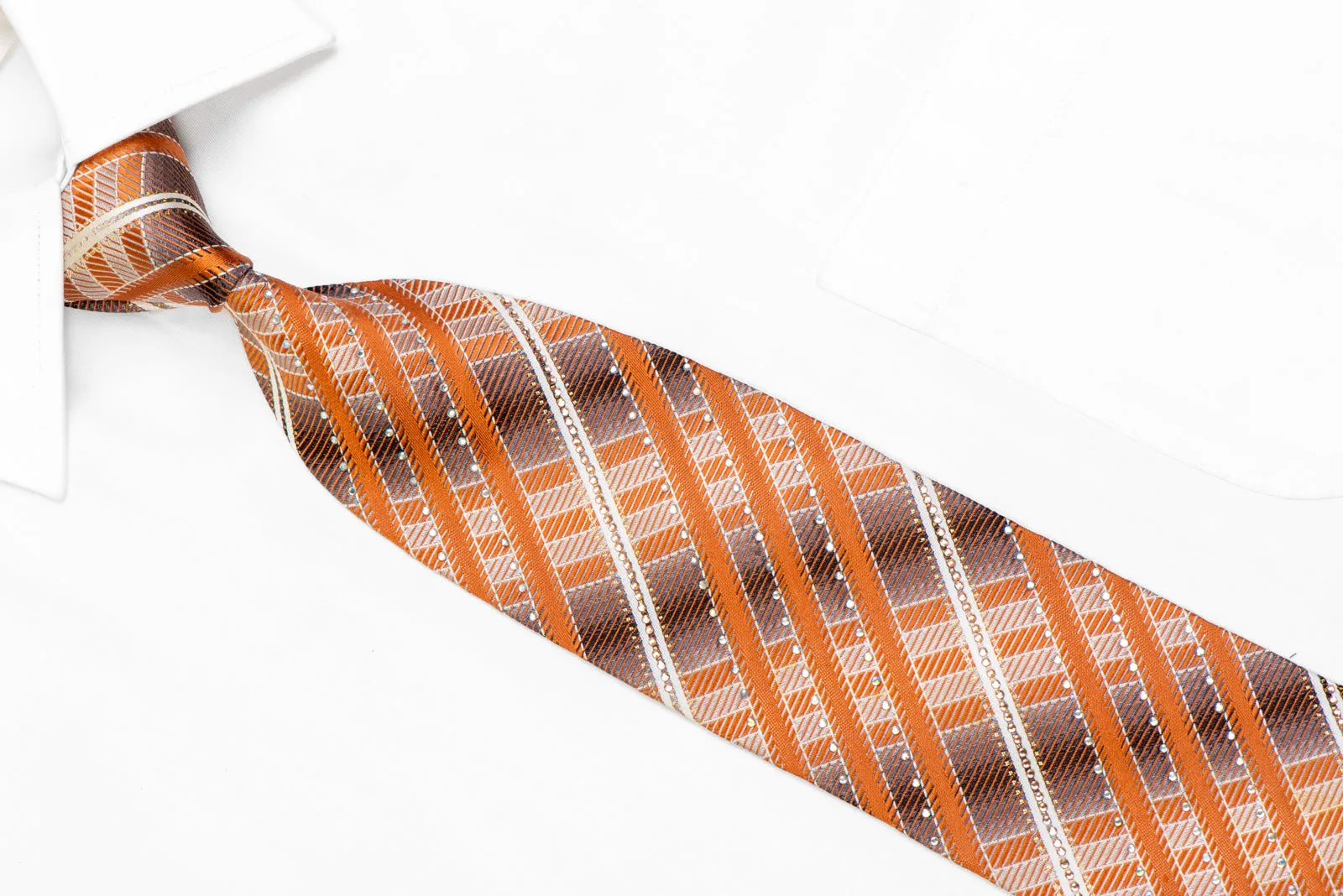 Orange Silver Striped Rhinestone Tie With Silver Sparkles