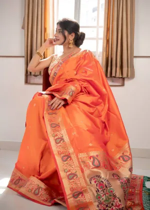 Orange Soft Banarasi Silk Meenakari Pallu And Zari Border Saree