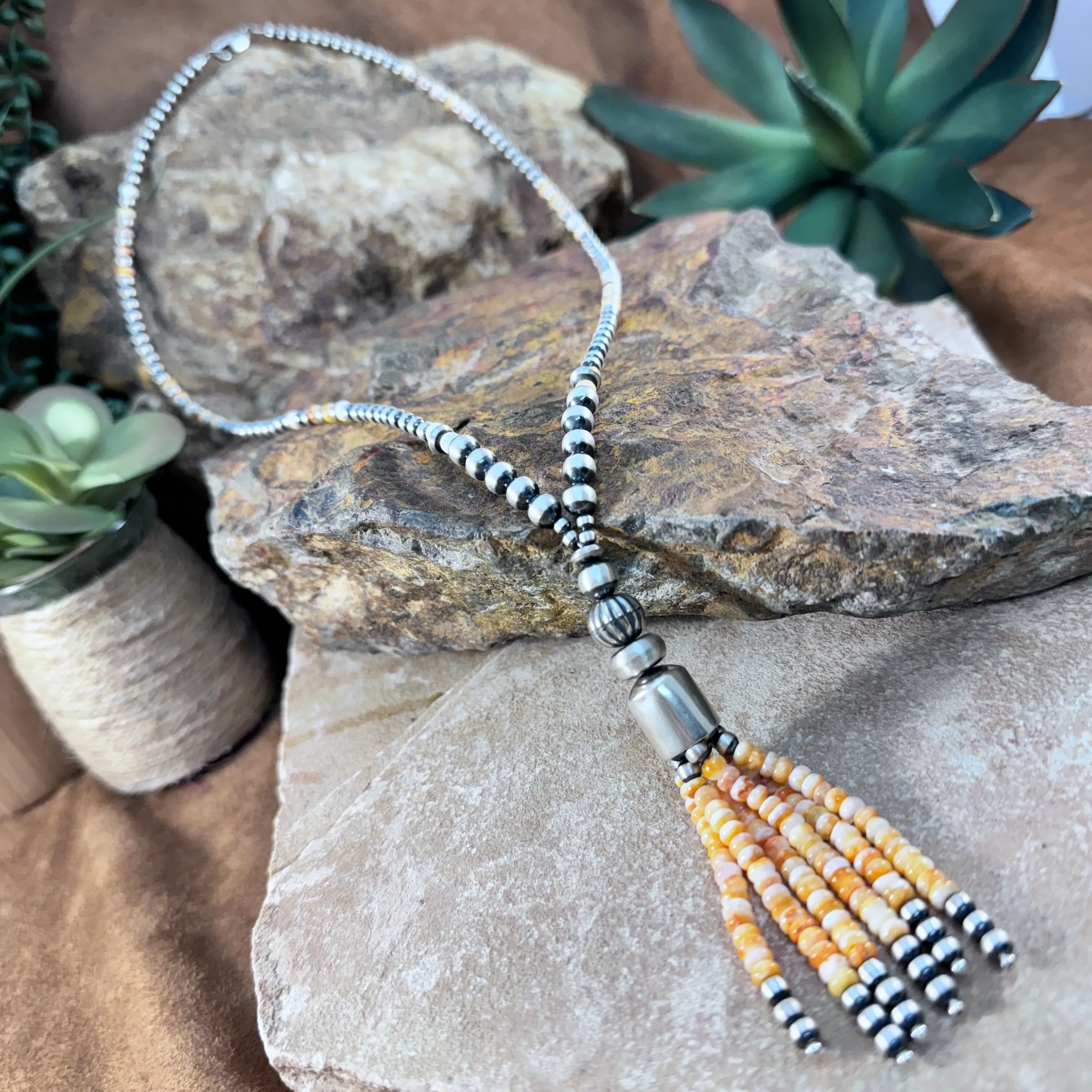 Orange Spiny Oyster and Sterling Silver Tassel Earrings