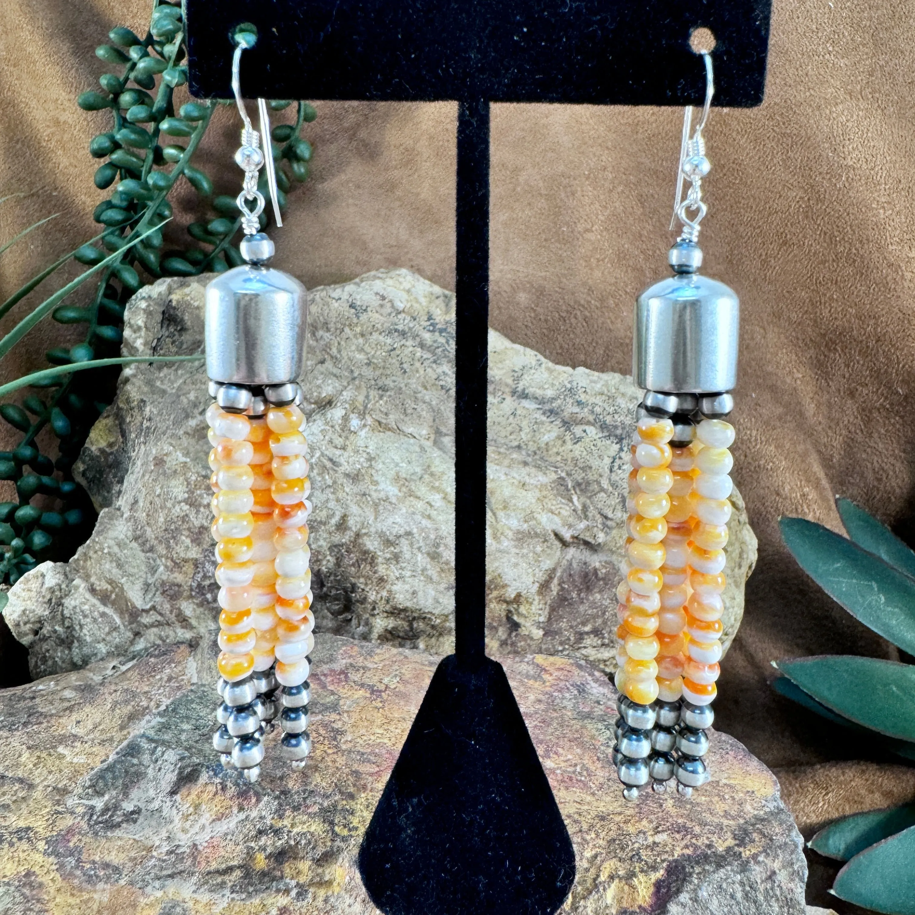 Orange Spiny Oyster and Sterling Silver Tassel Earrings