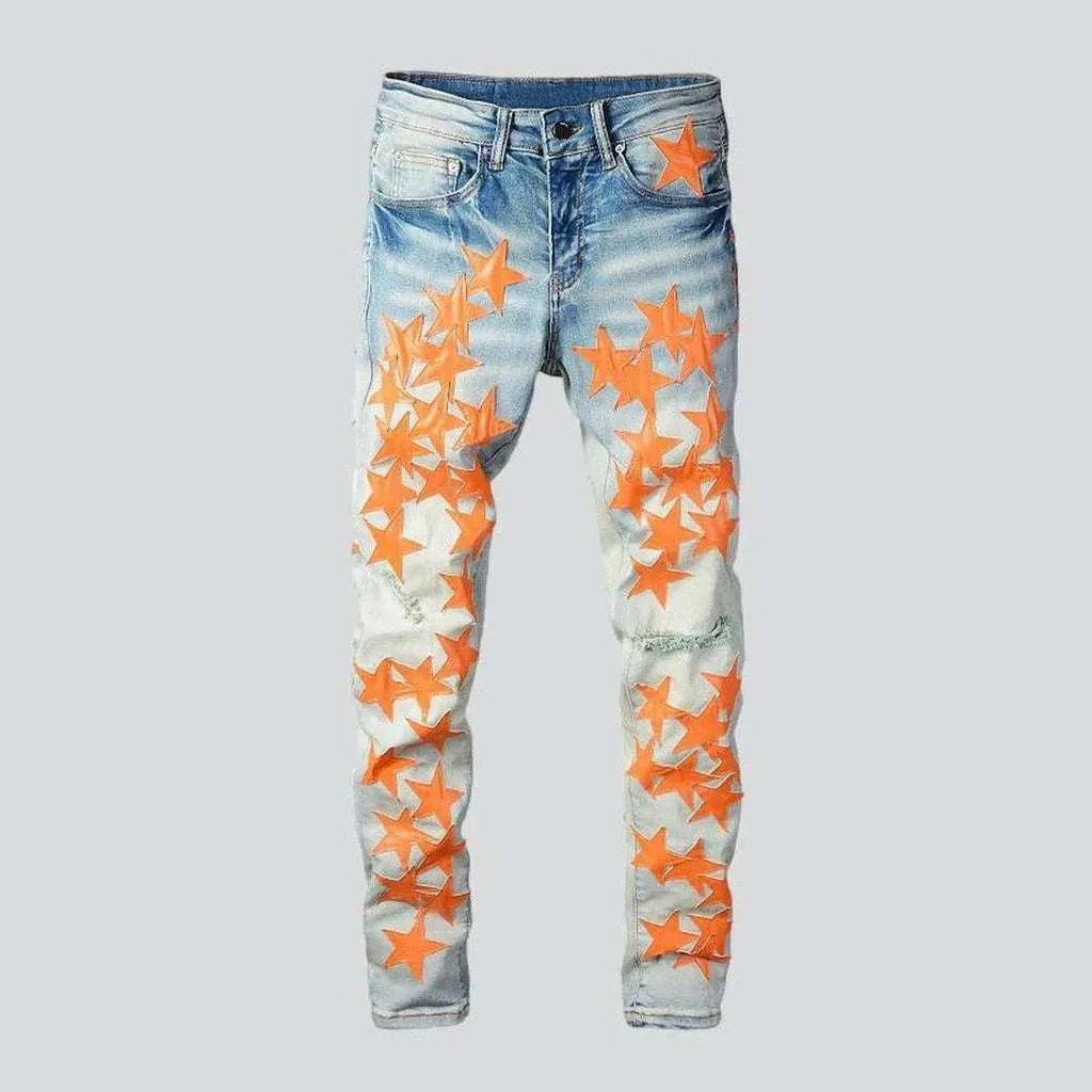 Orange stars embroidered men's jeans