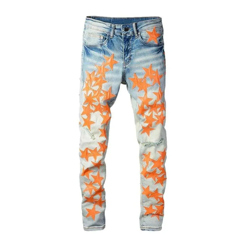 Orange stars embroidered men's jeans