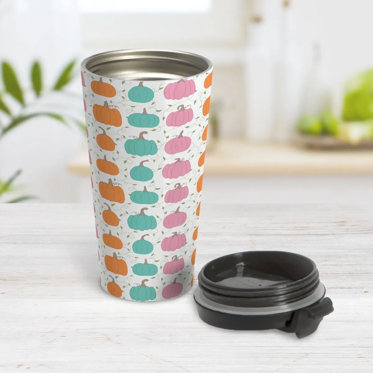 Orange Teal Pink Pumpkin Pattern Travel Mug