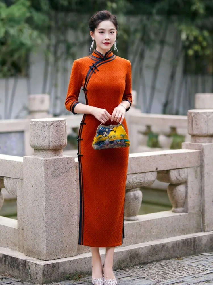 Orange with Black Trim Vintage Geometric Embossed Cheongsam Dress for Women