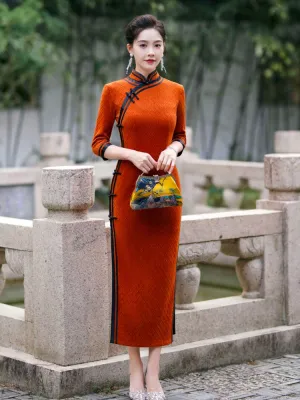 Orange with Black Trim Vintage Geometric Embossed Cheongsam Dress for Women