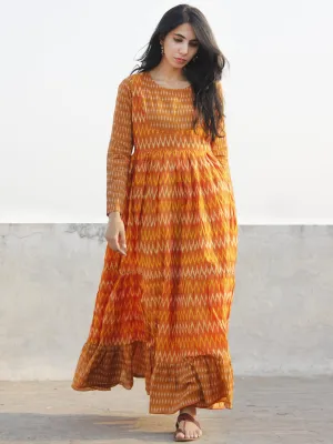 Orange Yellow Ivory Hand Woven Mercerized Cotton Ikat Tier Dress - D135F837