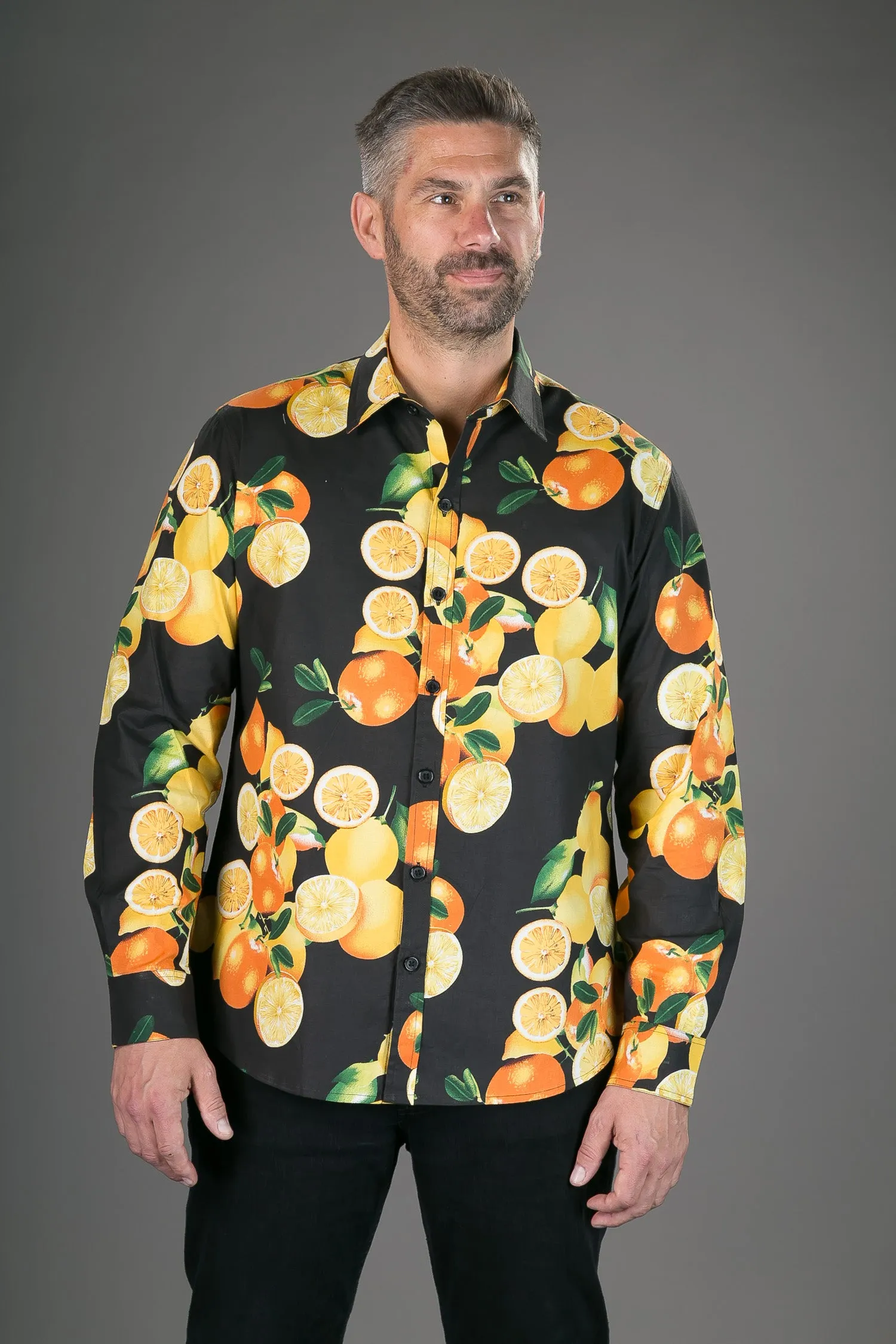 Oranges Black Print Cotton Slim Fit Mens Shirt Long Sleeve