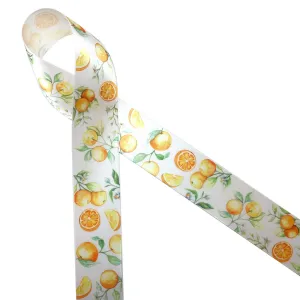 Oranges ribbon oranges with leaves printed on 1.5" white satin