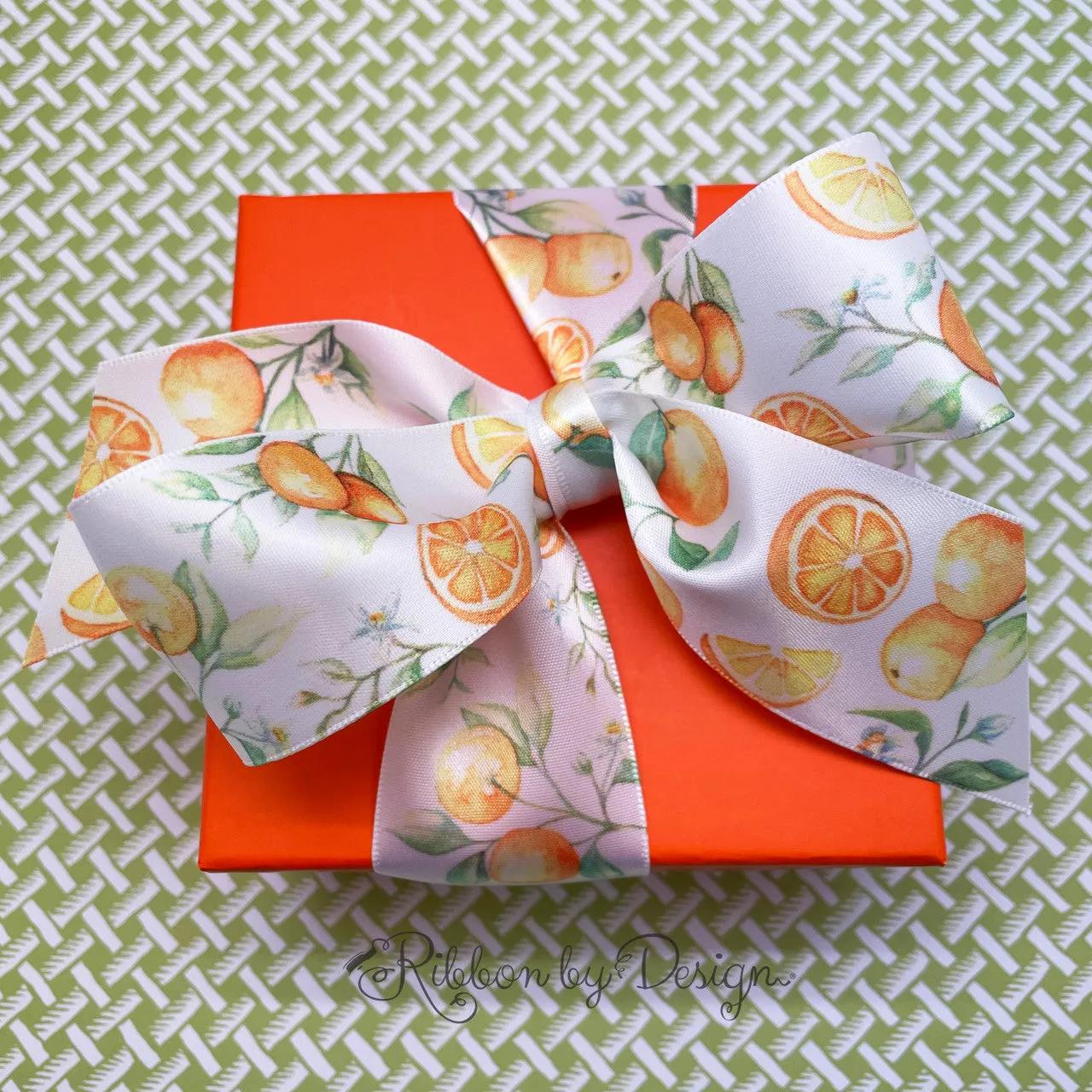 Oranges ribbon oranges with leaves printed on 1.5" white satin