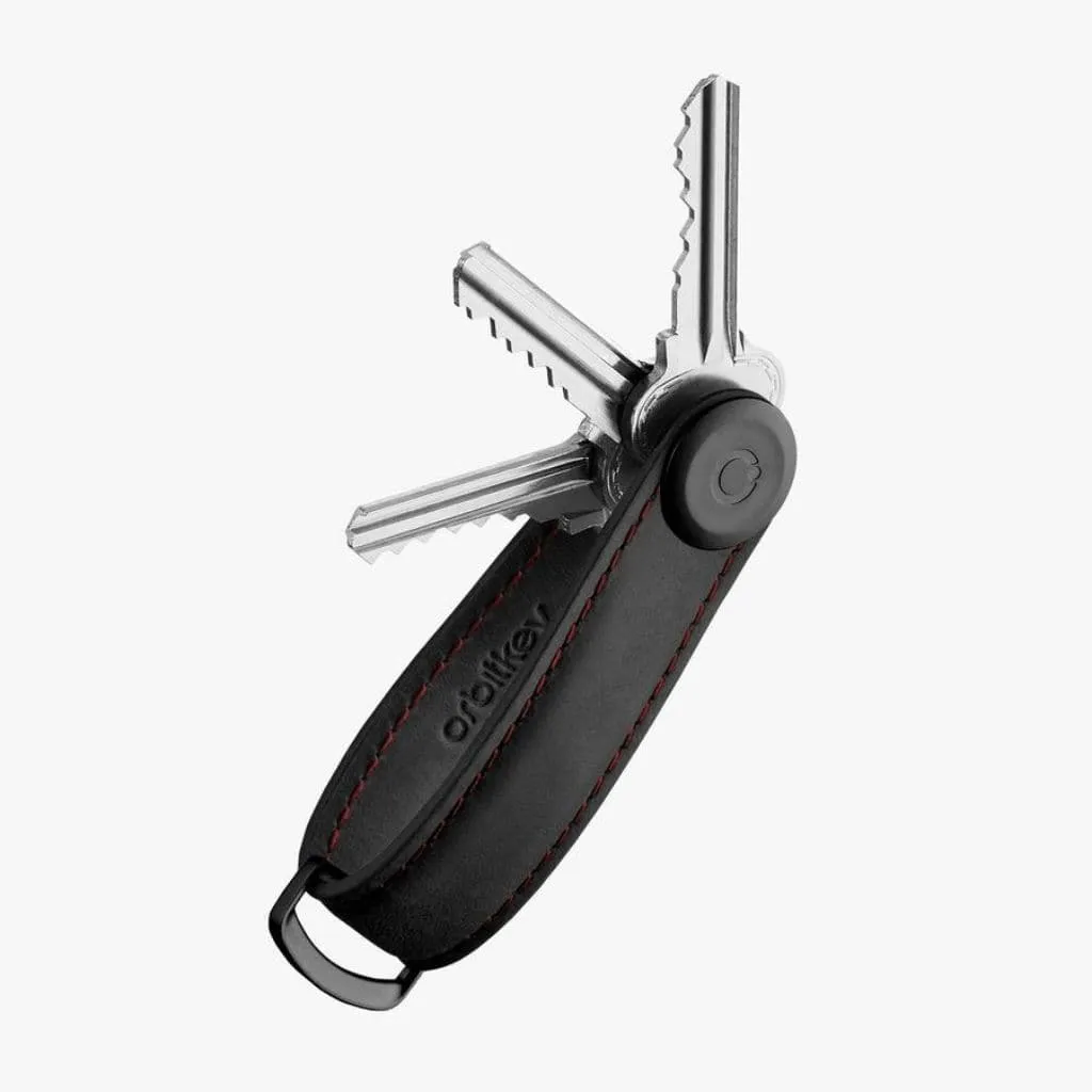 Orbitkey Leather Key Organiser Crazy Horse Obsidian Black with Red Stitching