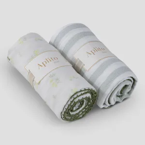 Organic Cotton Baby Swaddle Set | Green & Ivory