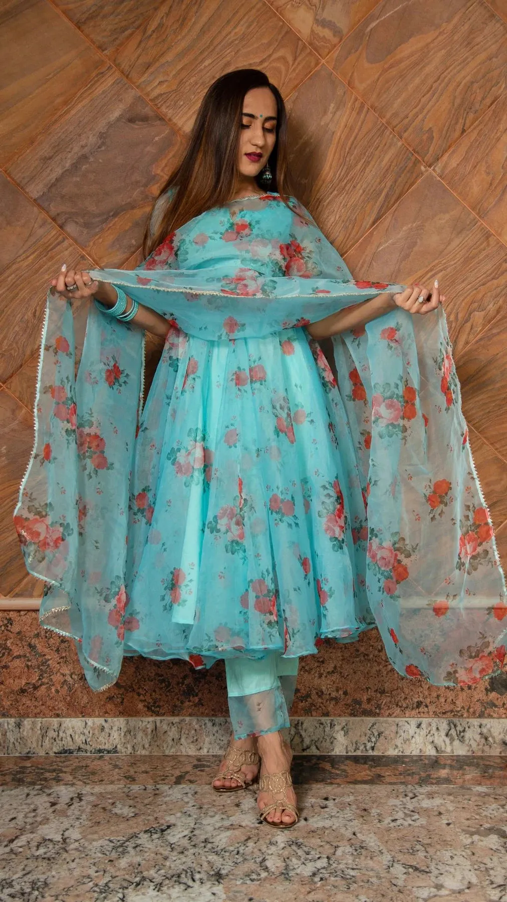 Organza Blue and Red Anarkali Suit Set