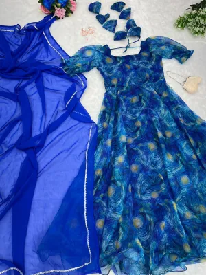 Organza Silk Huge Flair Blue Color Gown