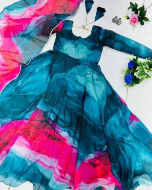 Organza Silk Teal Blue Digital Printed Trendy Gown