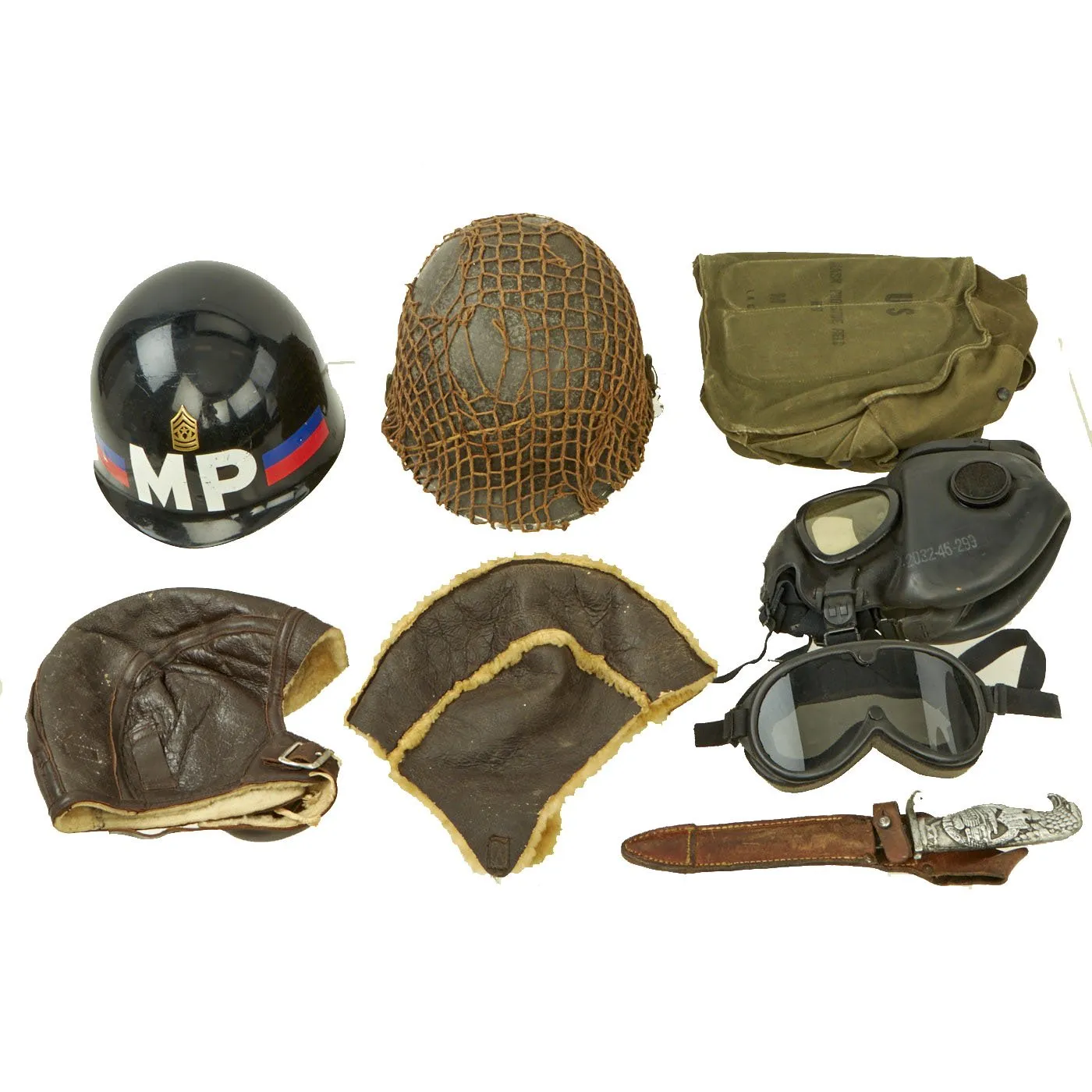 Original & Reproduction WWII & Post War Collector's Set - Helmets, Goggles, Gas Mask & Knife