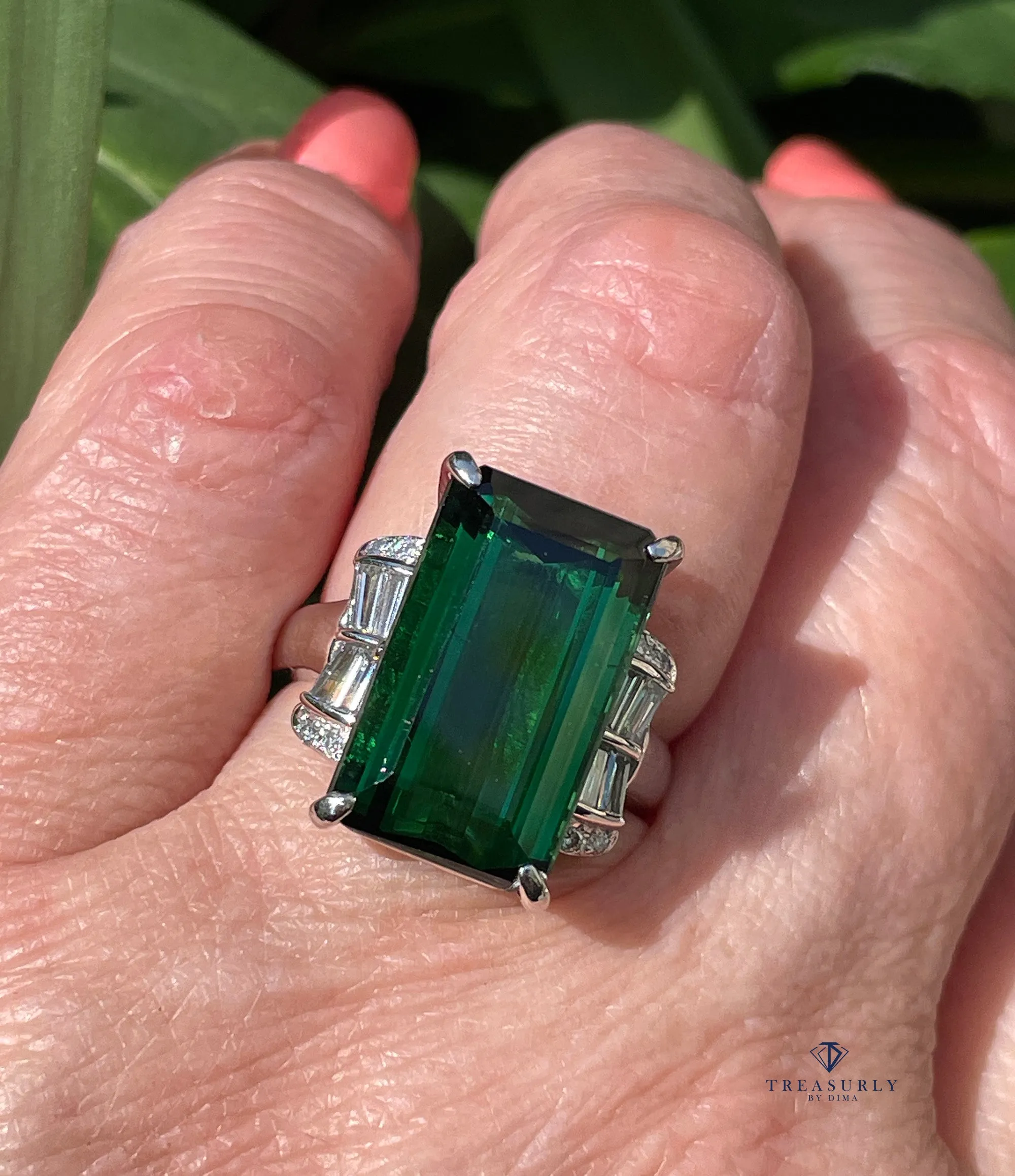 Original Art Deco GIA 12.18ctw Green Tourmaline Diamond Platinum Vintage Ring