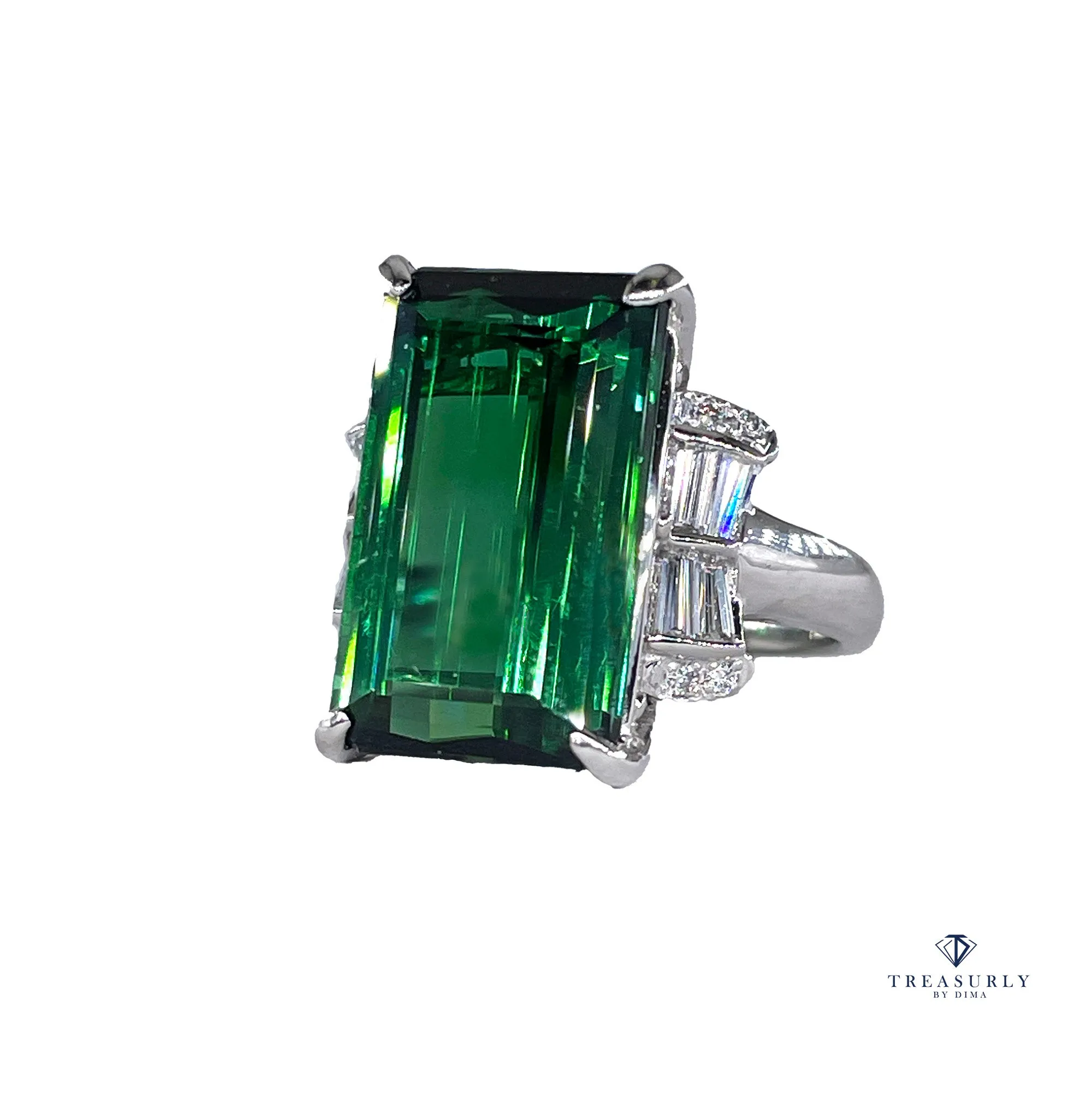 Original Art Deco GIA 12.18ctw Green Tourmaline Diamond Platinum Vintage Ring