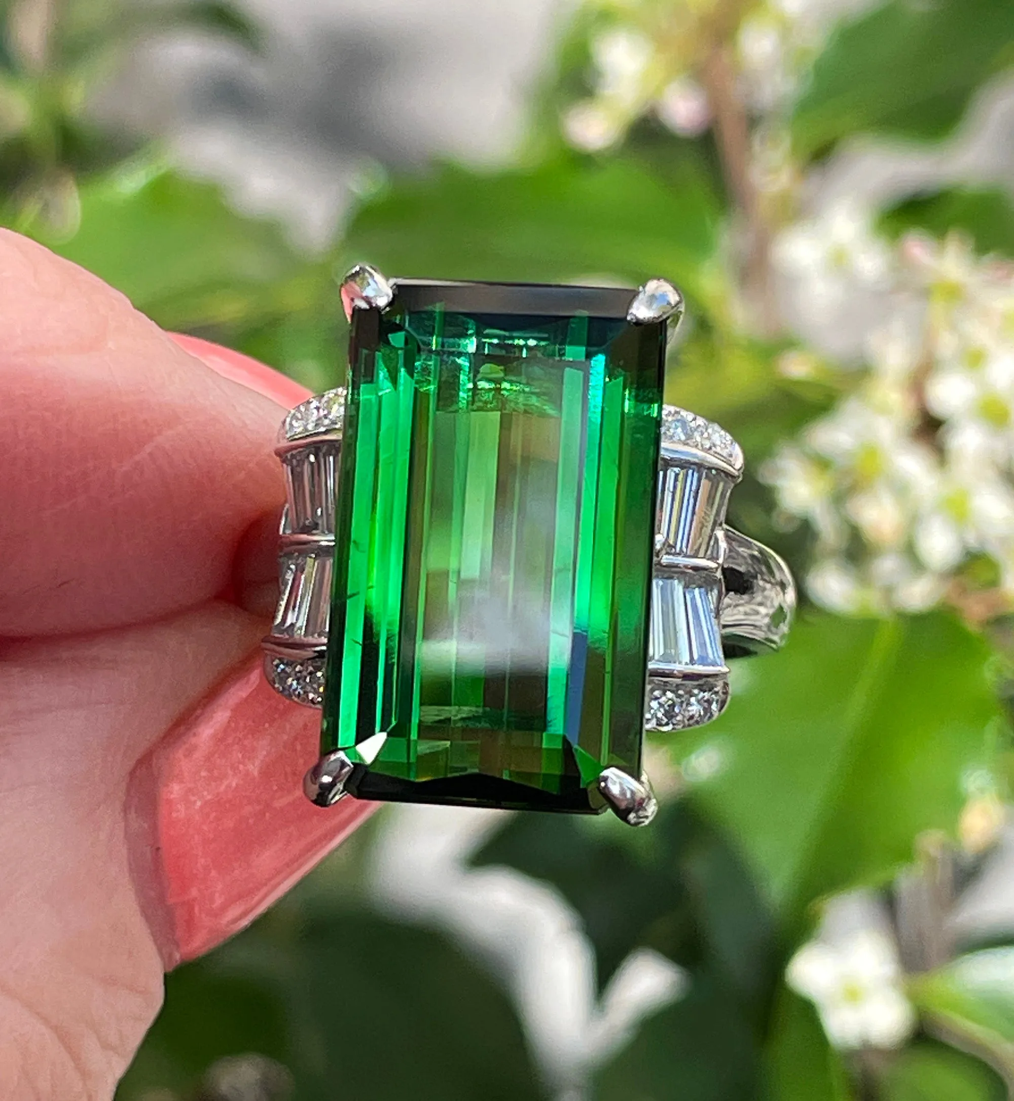 Original Art Deco GIA 12.18ctw Green Tourmaline Diamond Platinum Vintage Ring