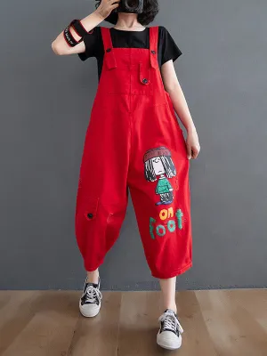 Original Cartoon Printed Puff Denim Overalls