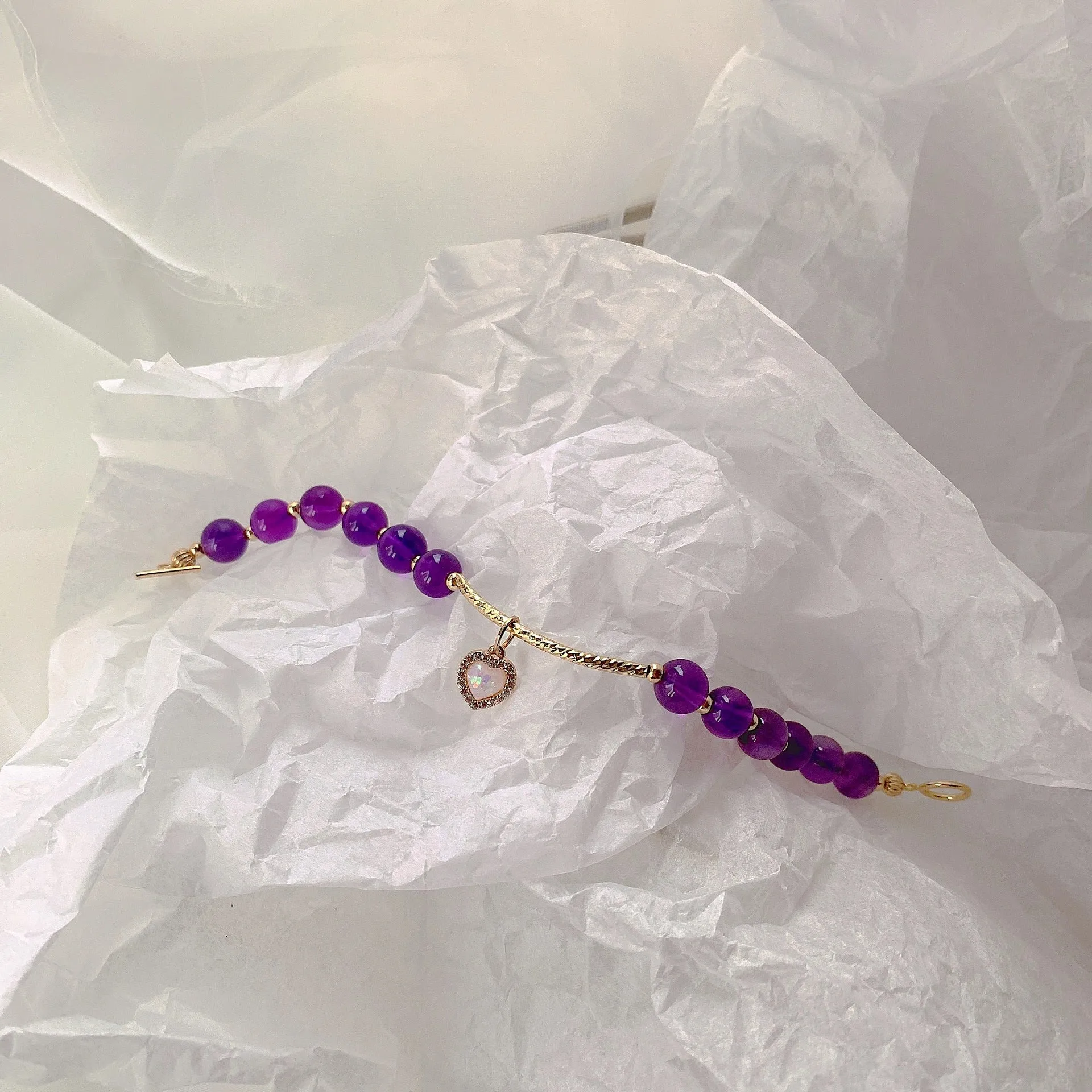 Original Design Natural Amethyst Ot Buckle Bracelet Love Pendant 14K Gold Hand-Made Korean Simple Bracelet Female