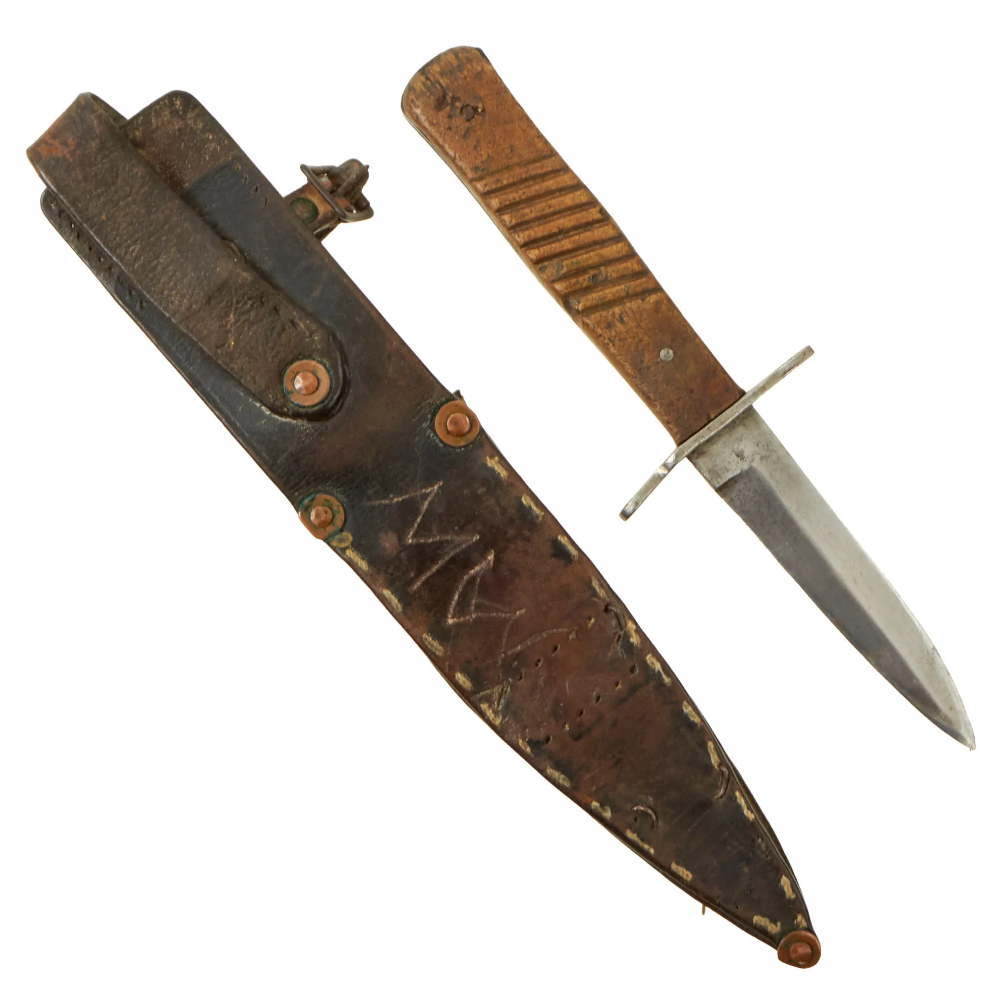 Original German WWI Trench Fighting Knife by DEMAG with WWII USGI Decorated Leather Belt Sheath