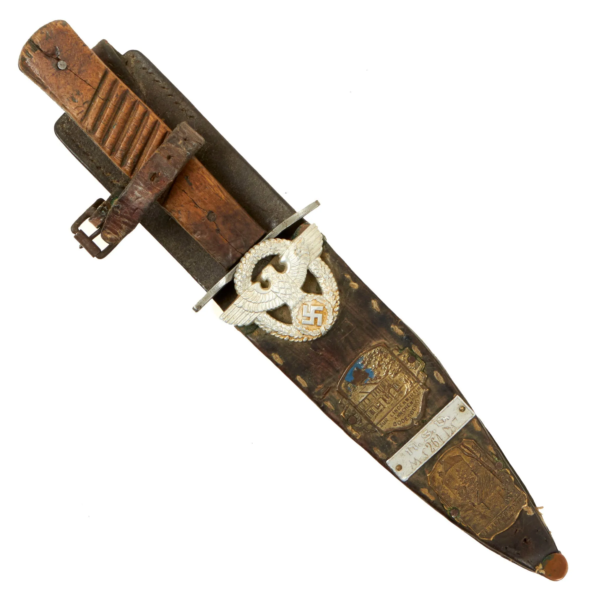 Original German WWI Trench Fighting Knife by DEMAG with WWII USGI Decorated Leather Belt Sheath