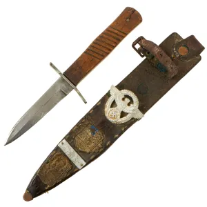 Original German WWI Trench Fighting Knife by DEMAG with WWII USGI Decorated Leather Belt Sheath