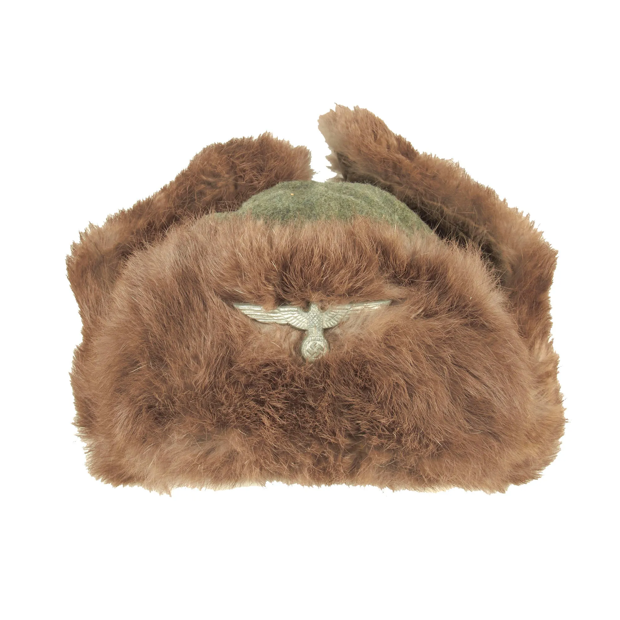 Original German WWII 1943 Dated Eastern Front 57cm Rabbit Fur Pelzmütze Winter Hat with Damaged Rear Skirt