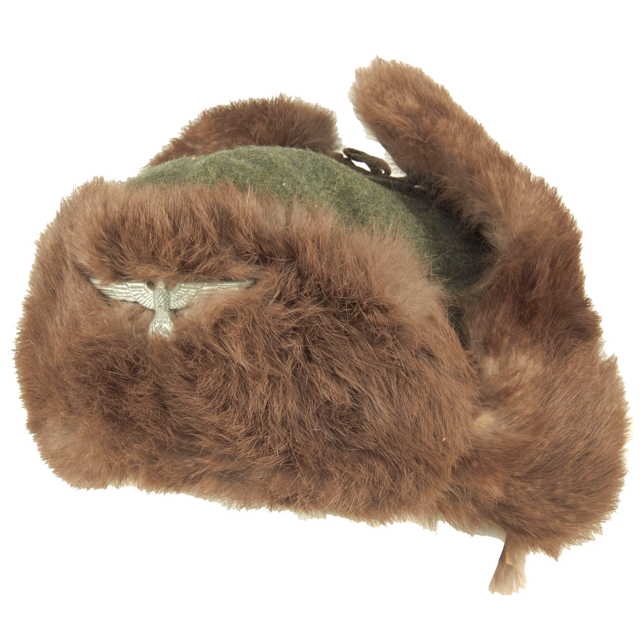 Original German WWII 1943 Dated Eastern Front 57cm Rabbit Fur Pelzmütze Winter Hat with Damaged Rear Skirt