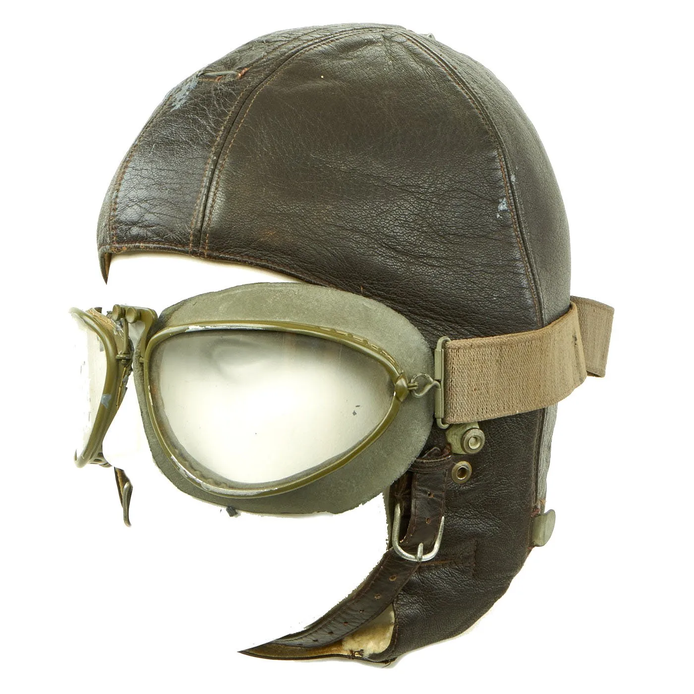 Original German WWII Luftwaffe Sheepskin Lined Leather Winter Flying Helmet with Goggles