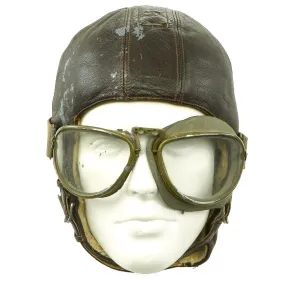 Original German WWII Luftwaffe Sheepskin Lined Leather Winter Flying Helmet with Goggles