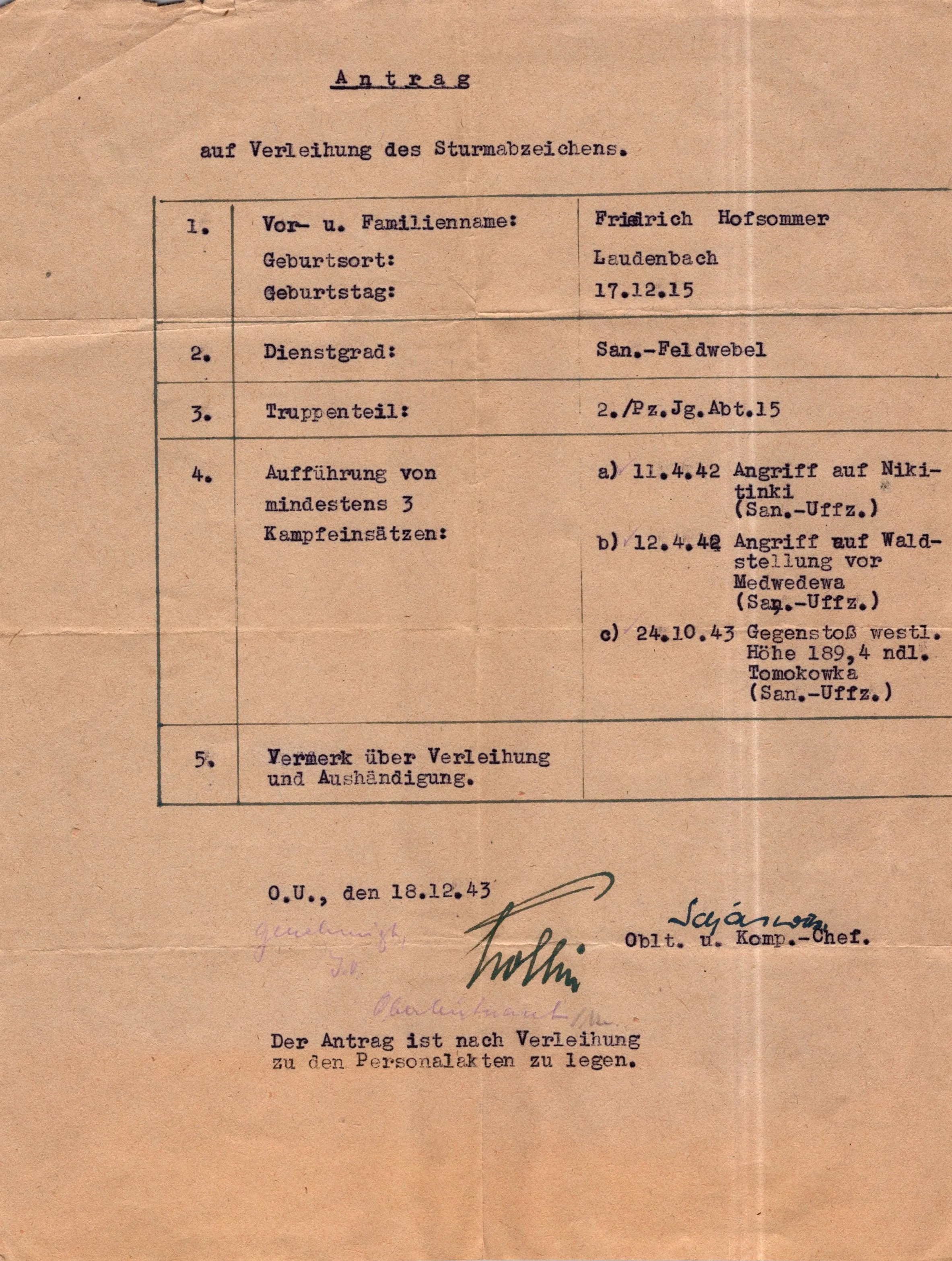 Original German WWII Massive Award & Document Grouping of Sanitäts-Feldwebel Friedrich Hofsommer of Panzerjäger - Abteilung 15