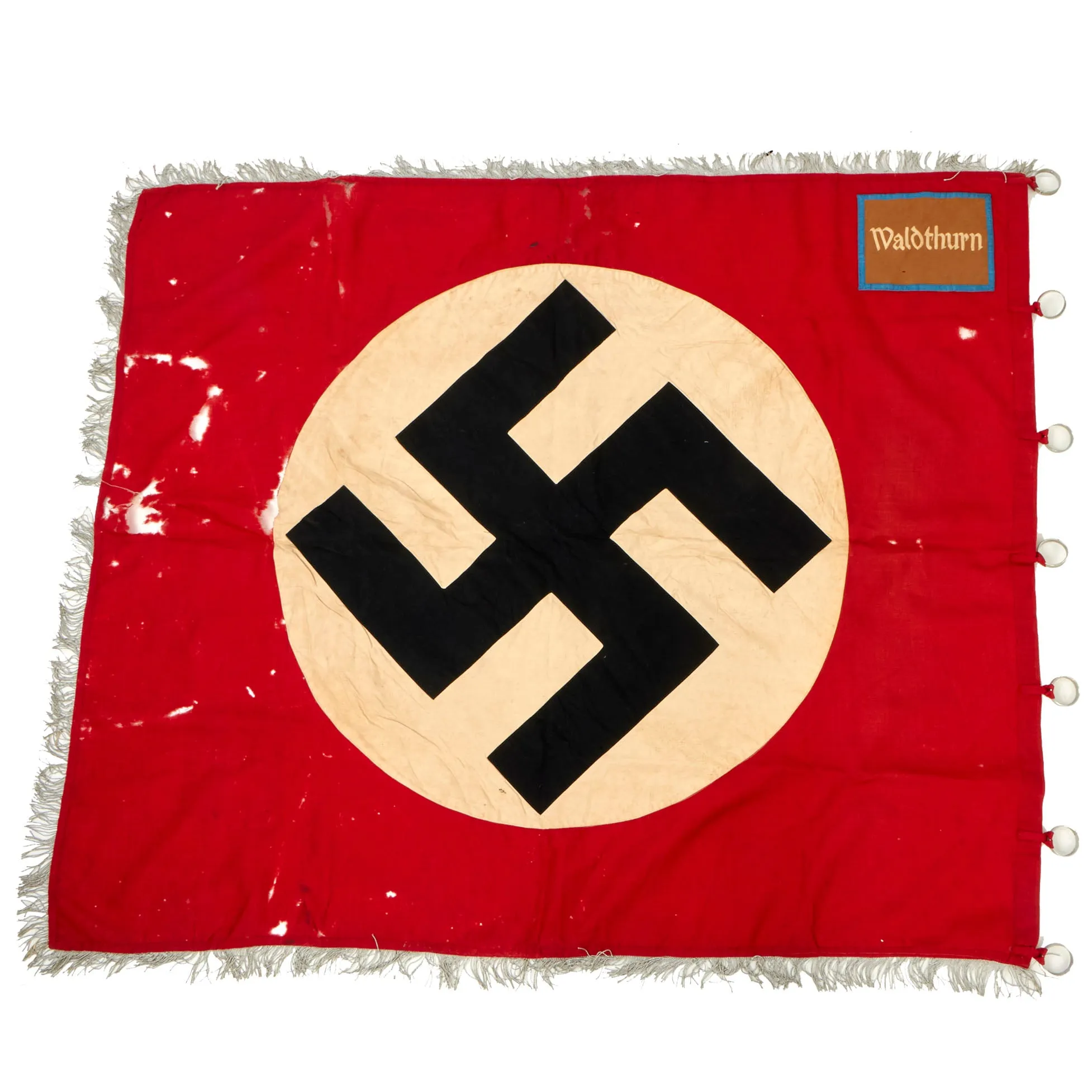 Original German WWII SA Sturmfahne Fringed Political Storm Flag marked Waldthurn with RZM Marked Hanger Rings - 46" x 54"