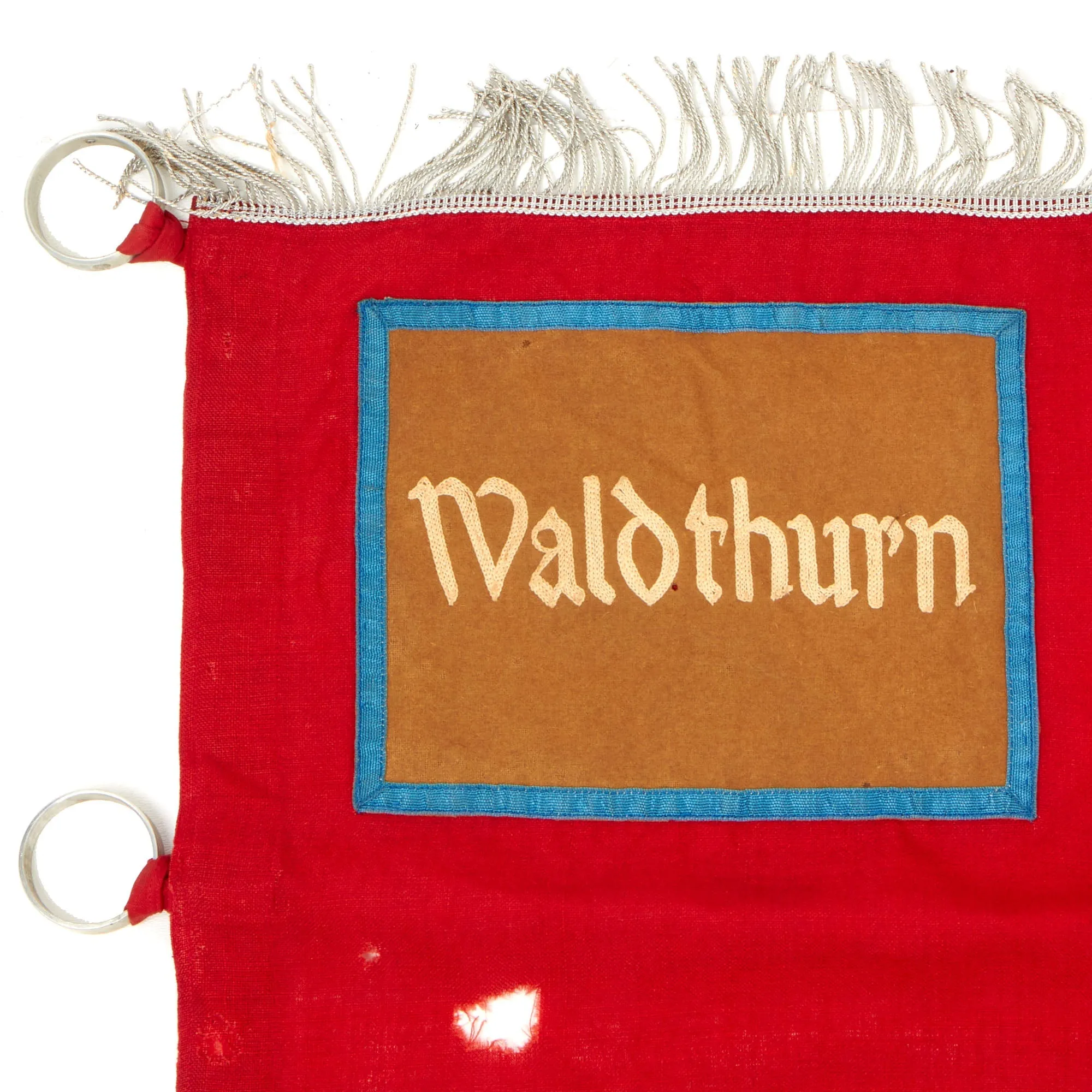 Original German WWII SA Sturmfahne Fringed Political Storm Flag marked Waldthurn with RZM Marked Hanger Rings - 46" x 54"