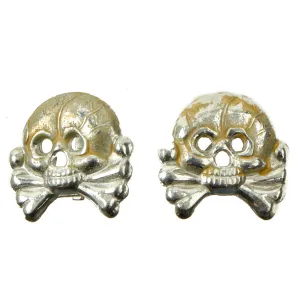 Original German WWII Set of Two Panzer "Danziger" Style "Death's Head" Aluminum Collar Tab Emblems - Totenkopf